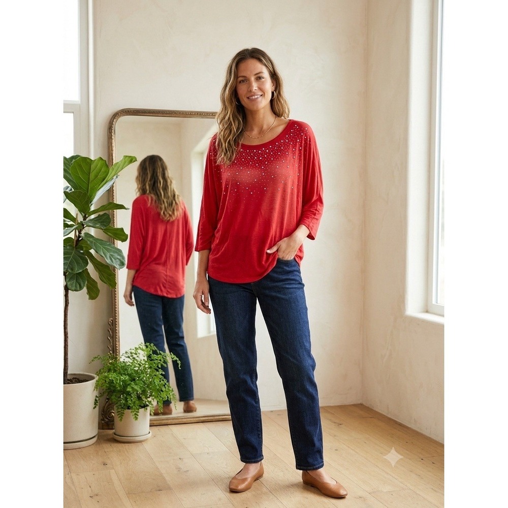 Olivia Blu Red Rhinestone Dolman Top M Sparkle Boho Chic Glam Relaxed Blouse